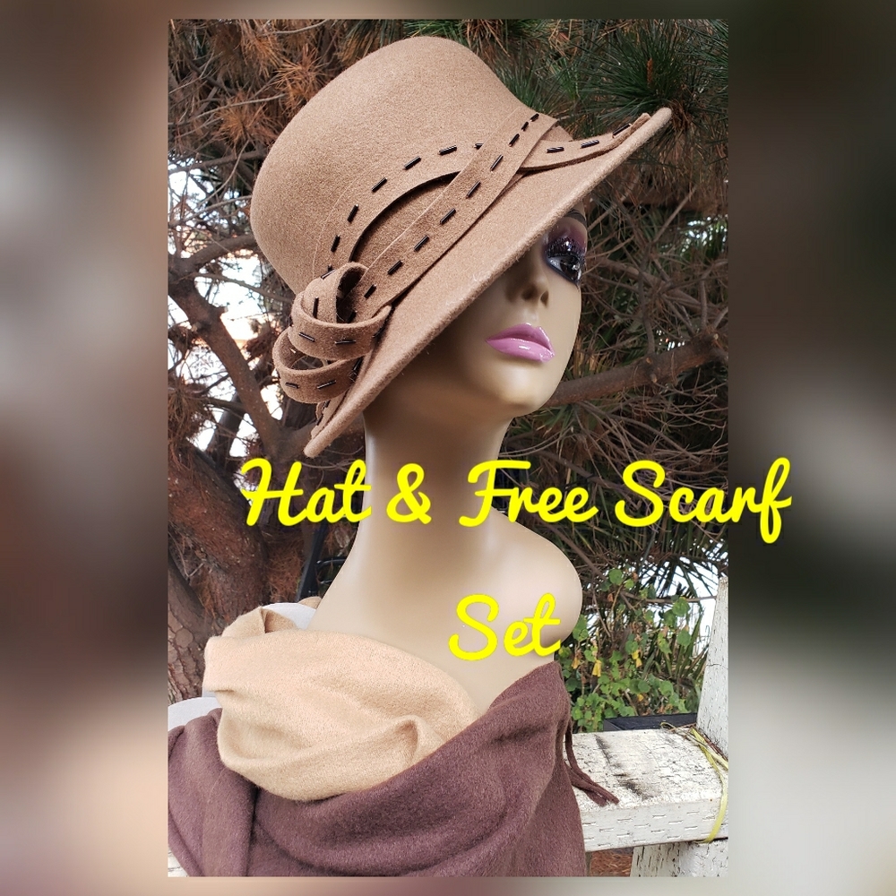 NWT Retro Style1930's Hat+Free-Scarf-Set 'Beaded Curls Fedora Cloche Felt Hat